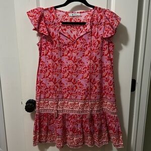 BINDU Small Women’s Pink Red Floral Dress Flutter Sleeve